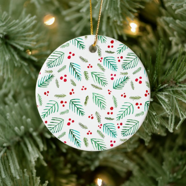 Christmas tree branches and berries - green & red ceramic ornament (Tree)