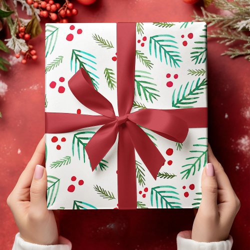 Christmas tree branches and berries _ red  green wrapping paper sheets