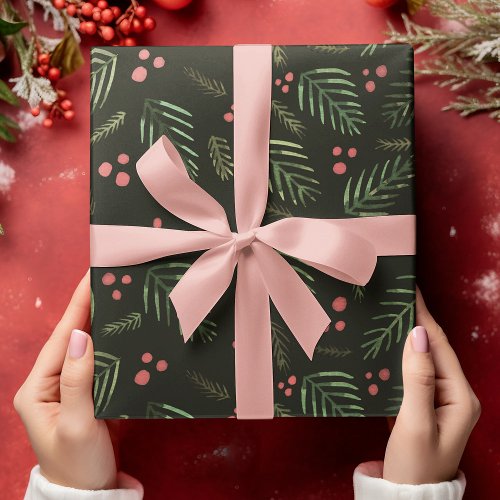 Christmas tree branches and berries_ vintage green wrapping paper sheets
