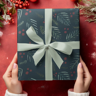 Christmas tree branches and berries - vintage teal wrapping paper sheets