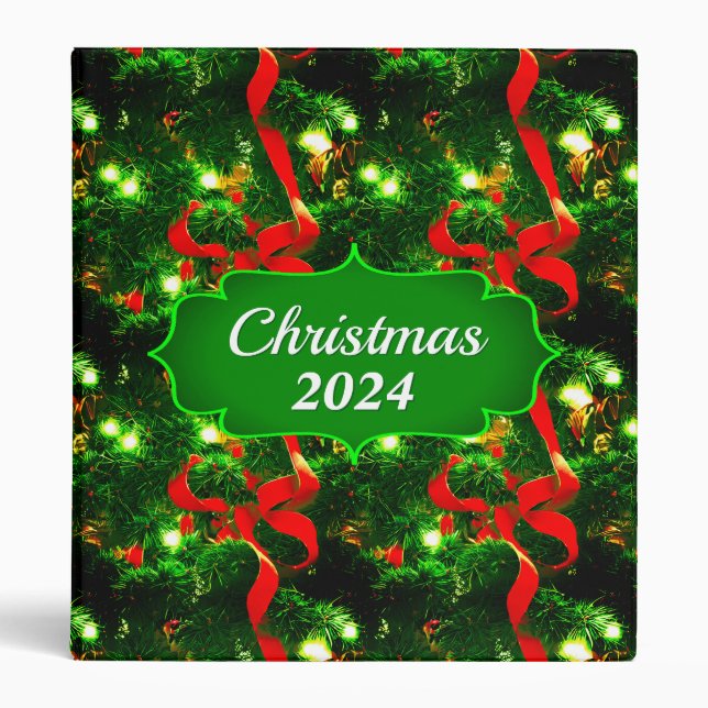 Christmas Tree Branches and Red Ribbons 3 Ring Binder (Front)