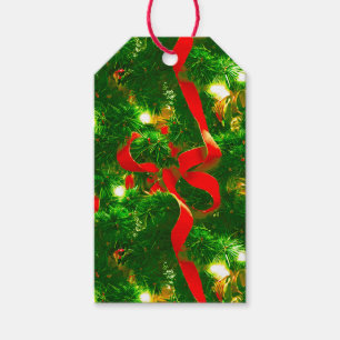 Christmas Tree Branches and Red Ribbons Gift Tags