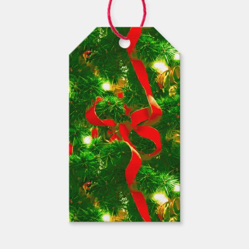 Christmas Tree Branches and Red Ribbons Gift Tags