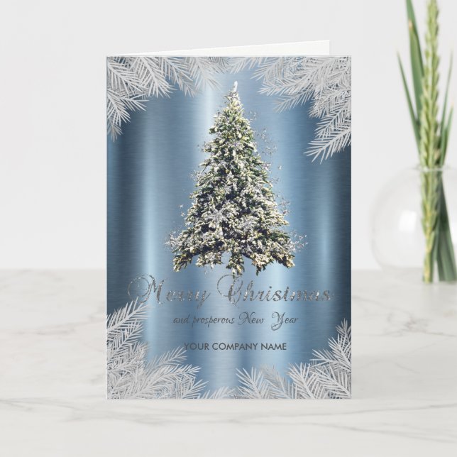 Christmas Tree Branches,Blue Metallic Corporate  Holiday Card (Front)