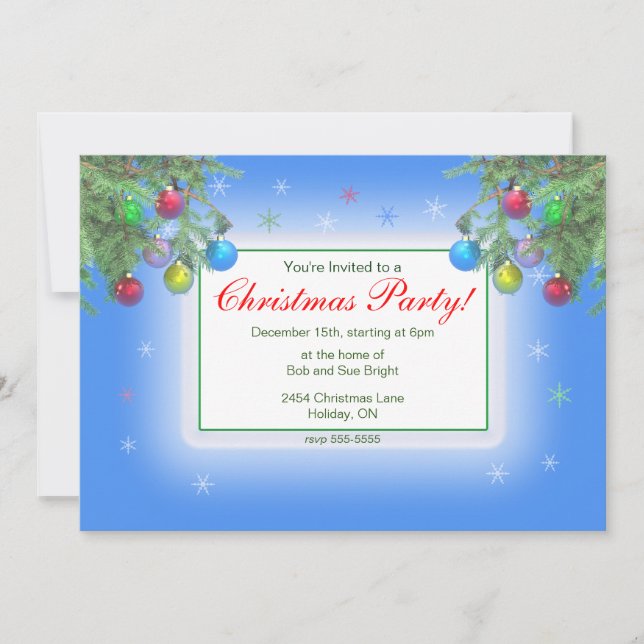 Christmas Tree Branches on Blue Party Invitation (Front)