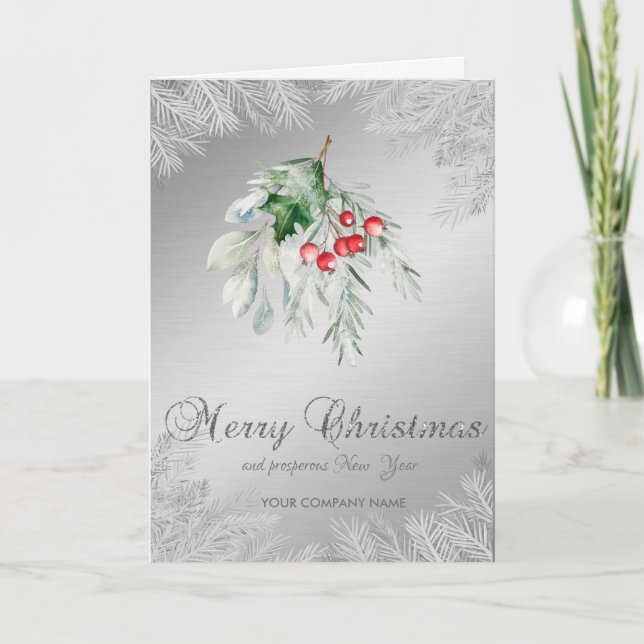 Christmas Tree Branches Silver Mistletoe Holiday Card (Front)