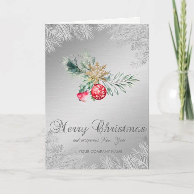 Christmas Tree Branches Silver Red Ball  Holiday Card (Front)