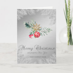 Christmas Tree Branches Silver Red Ball Holiday Card