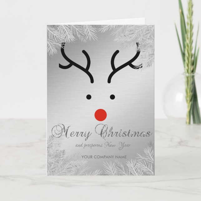 Christmas Tree Branches,Silver,Reindeer Holiday Card (Front)