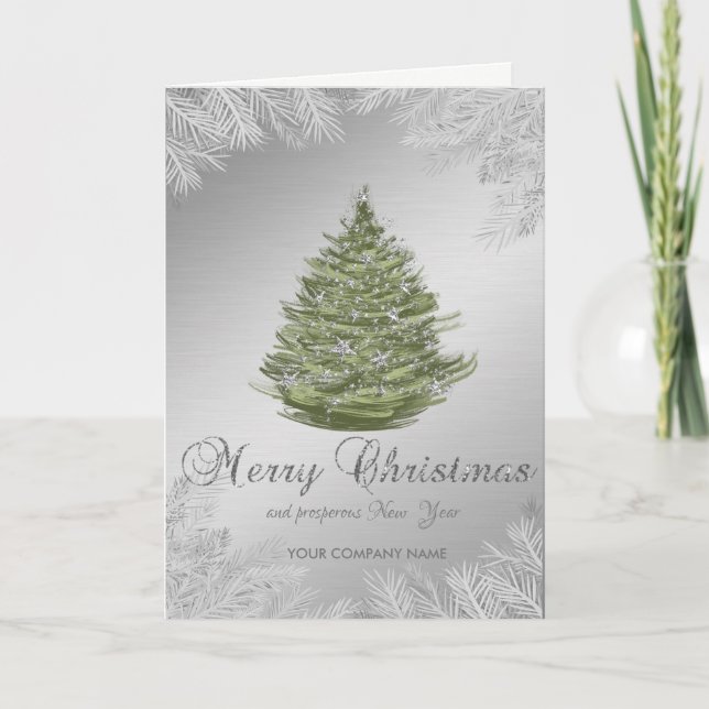 Christmas Tree,Branches,Silver,Stars Holiday Card (Front)