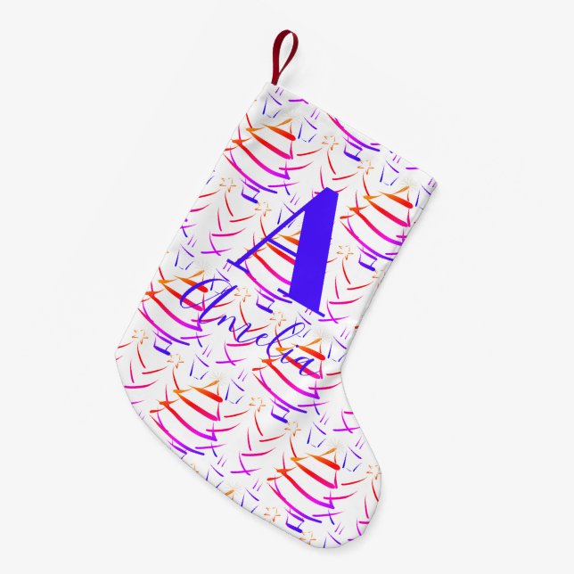 Christmas Tree Bright Monogram Name Small Christmas Stocking (Front (Hanging))
