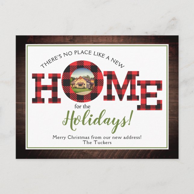 Christmas Tree Buffalo Plaid Rustic New HOME Photo Postcard (Front)