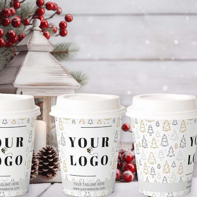 Christmas Tree Business Logo Patterned Custom Paper Cups (Logo branded Christmas takeout coffee cups)