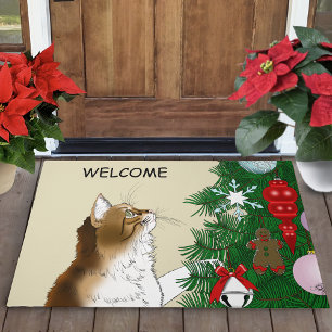 Christmas Tree Calico Cat Ornaments Funny Doormat