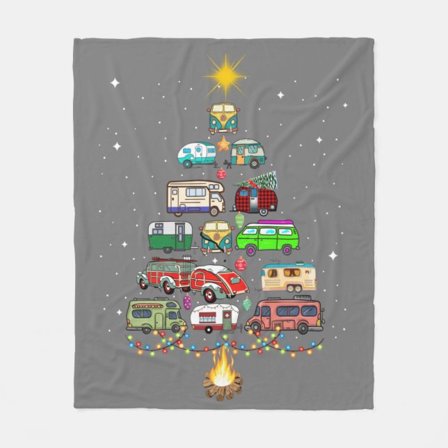 Christmas Tree Camper Vehicles Camping RVing Trail Fleece Blanket (Front)