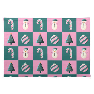 Christmas tree candy cane bauble snowman pink cyan cloth placemat
