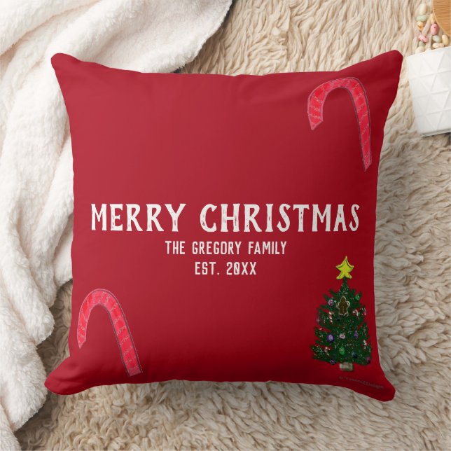 Christmas Tree Candy Canes Family NAME Red Throw Pillow (Blanket)