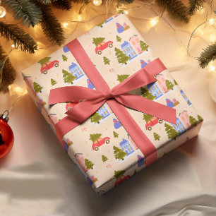 Christmas Tree Car House Illustration Pattern Wrapping Paper