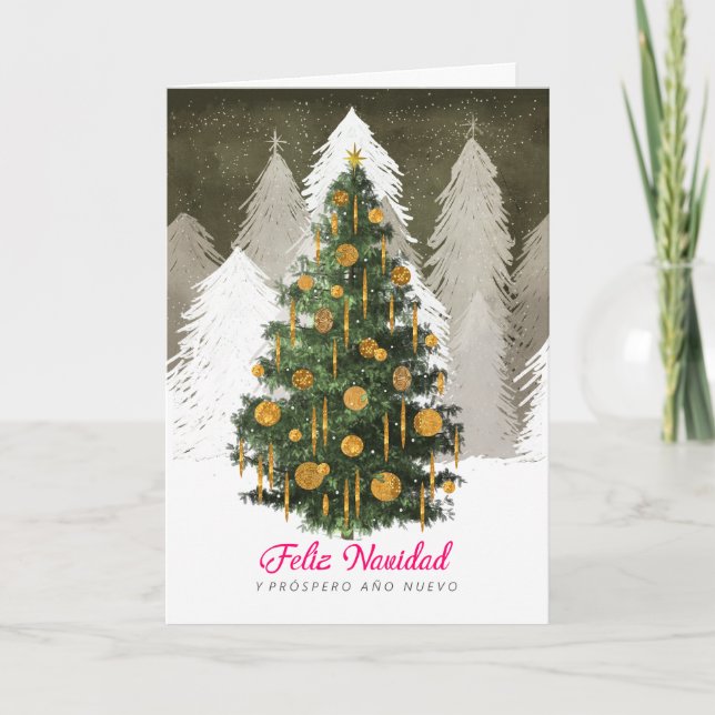 Christmas Tree Card in Snow in Spanish (Español) (Front)