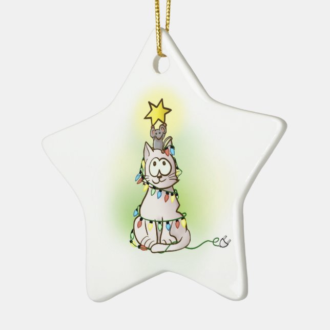Christmas Tree Cat and Mouse with Shiny Star Ceramic Ornament (Left)