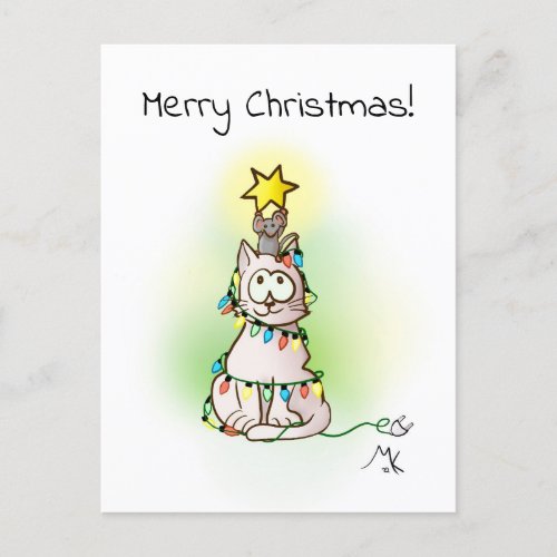 Christmas Tree Cat and Mouse with Shiny Star Holiday Postcard