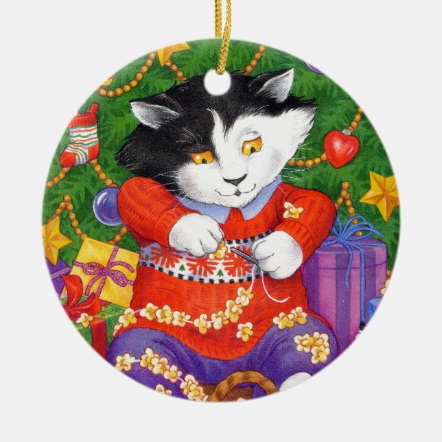Christmas Tree Cat Ceramic Ornament (Front)