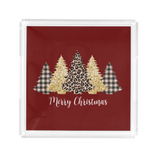 Christmas Tree Cheetah Print Buffalo Plaid Glitter Acrylic Tray