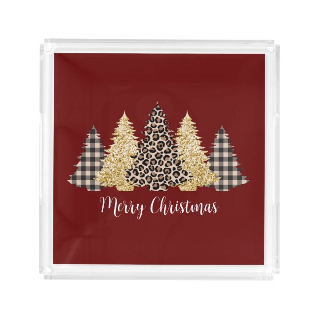 Christmas Tree Cheetah Print Buffalo Plaid Glitter Acrylic Tray (Front)