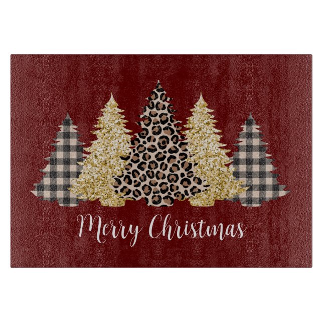 Christmas Tree Cheetah Print Buffalo Plaid Glitter Cutting Board (Front)