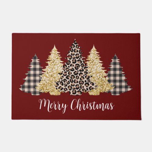 Christmas Tree Cheetah Print Buffalo Plaid Glitter Doormat