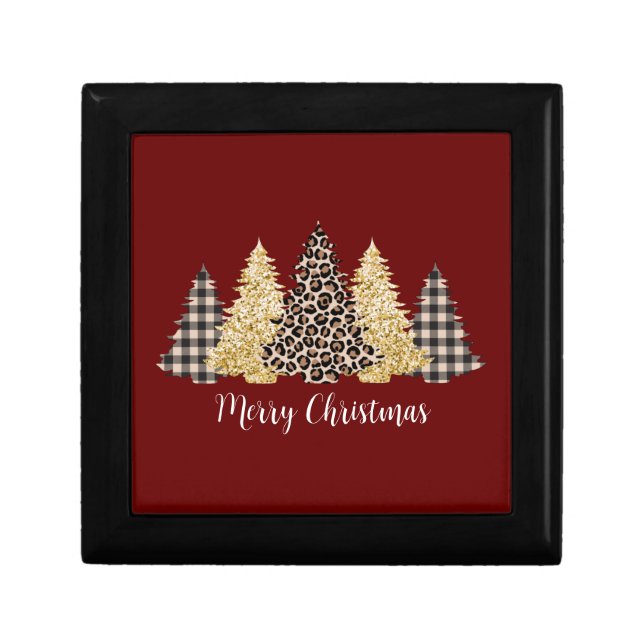 Christmas Tree Cheetah Print Buffalo Plaid Glitter Gift Box (Front)