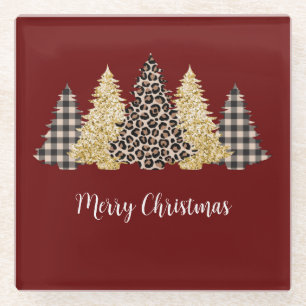 Christmas Tree Cheetah Print Buffalo Plaid Glitter Glass Coaster