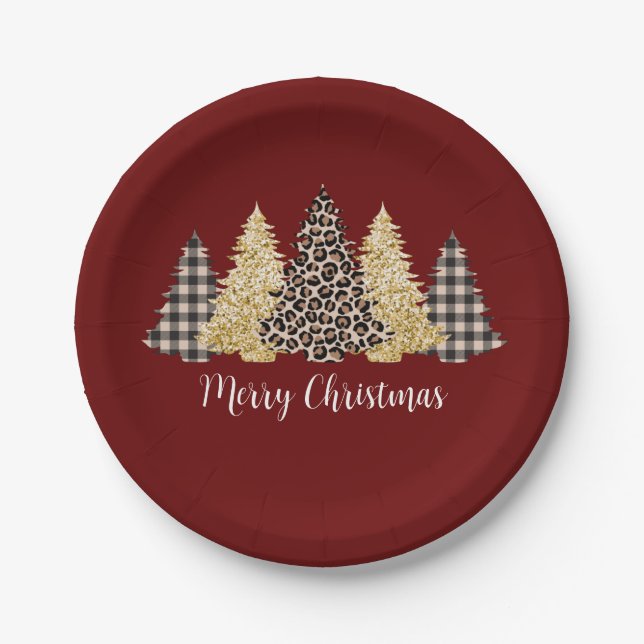 Christmas Tree Cheetah Print Buffalo Plaid Glitter Paper Plates (Front)
