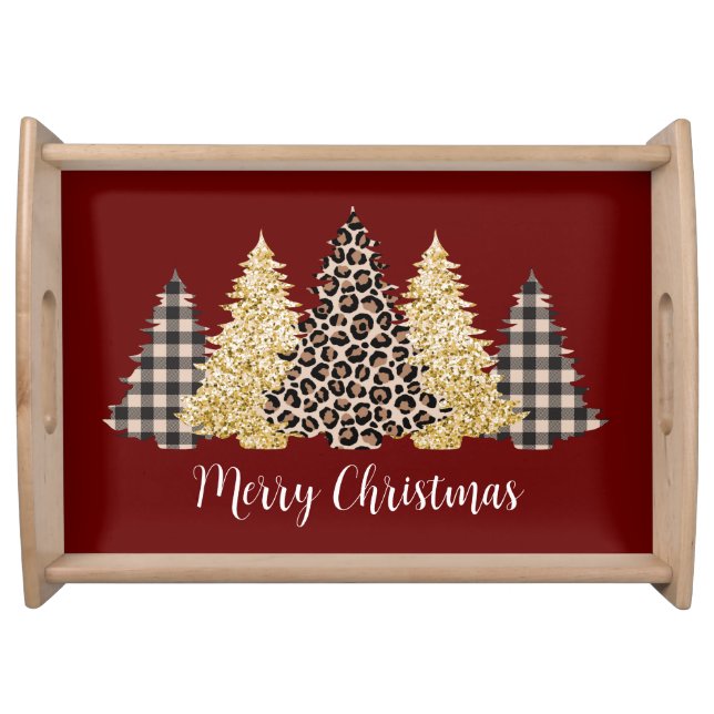 Christmas Tree Cheetah Print Buffalo Plaid Glitter Serving Tray (Front)