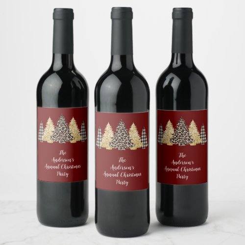 Christmas Tree Cheetah Print Buffalo Plaid Glitter Wine Label