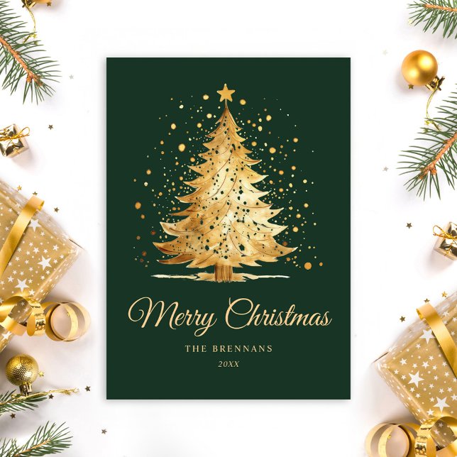 Christmas Tree Chic Elegant Minimalist Green Gold Holiday Card (Christmas Tree Chic Elegant Minimalist Green Gold Holiday Card)