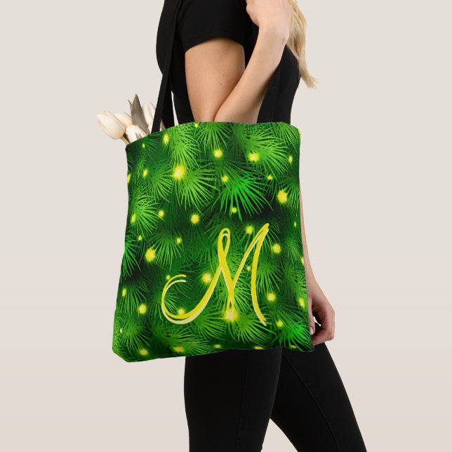 Christmas Tree Christmas Lights Greenery Monogram Tote Bag (Close Up)