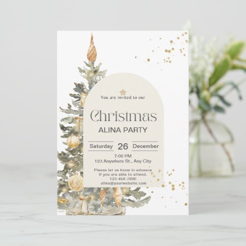 Christmas Tree Classic Sparkle Green Gold Elegant  Invitation