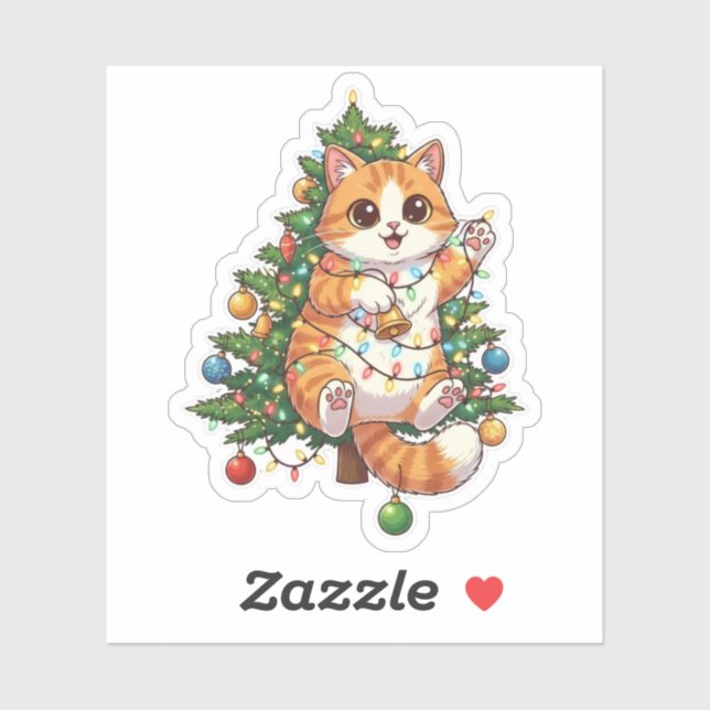 Christmas Tree Climber Cat Tangled in Lights Holid Sticker (Sheet)