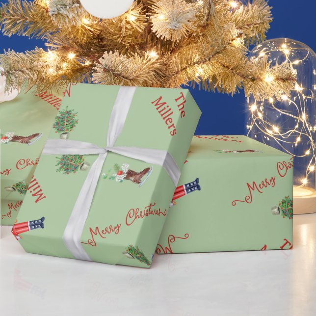 Christmas Tree Cocoa Horse Toys Green Family Gifts Wrapping Paper (Holidays)