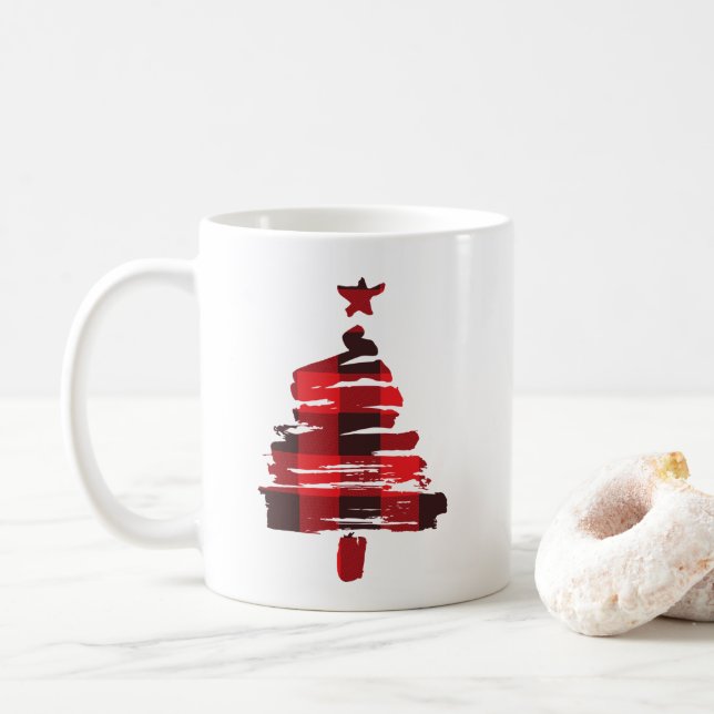 Christmas Tree Coffee Mug, Buffalo Plaid Mug (With Donut)