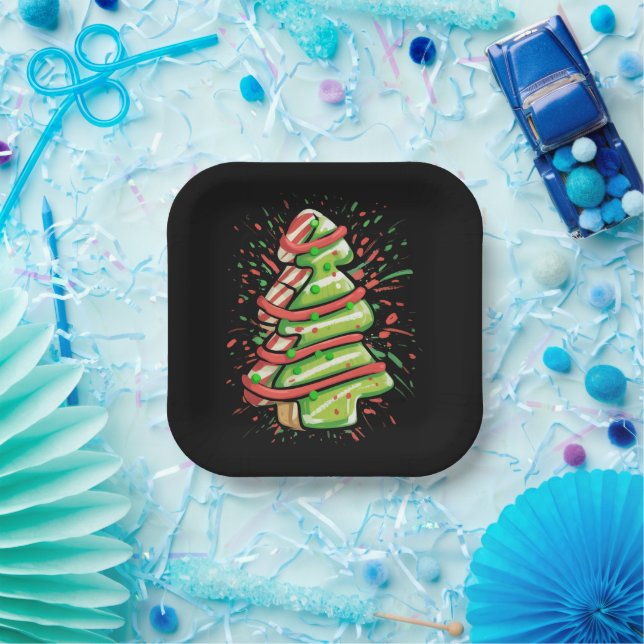 Christmas Tree Cookie Brushstroke Splatter Preppy  Paper Plates (Party)