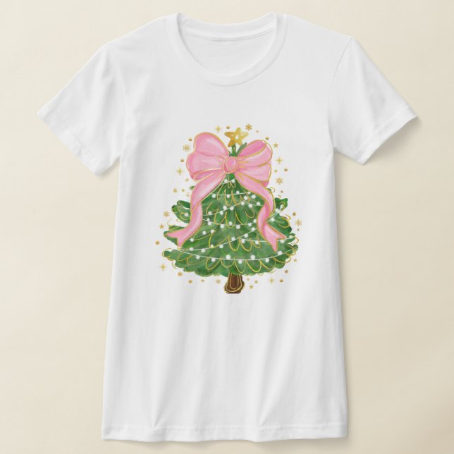 Christmas Tree Coquette Pink Bow Holiday T-Shirt (Laydown)