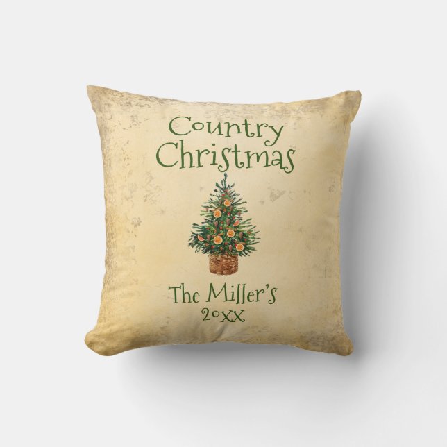 Christmas Tree Country Christmas Typography Name Throw Pillow (Front)
