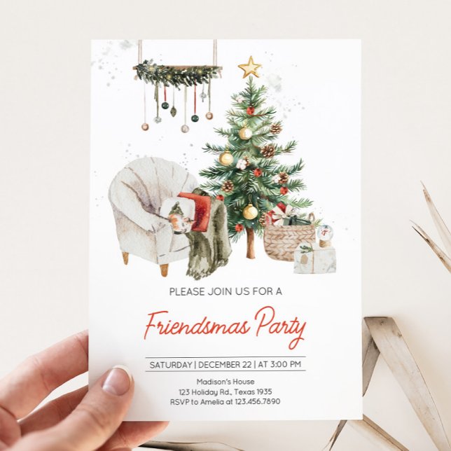 Christmas Tree Cozy Friendsmas Party Invitation (Cozy Christmas Tree Friendsmas Party)