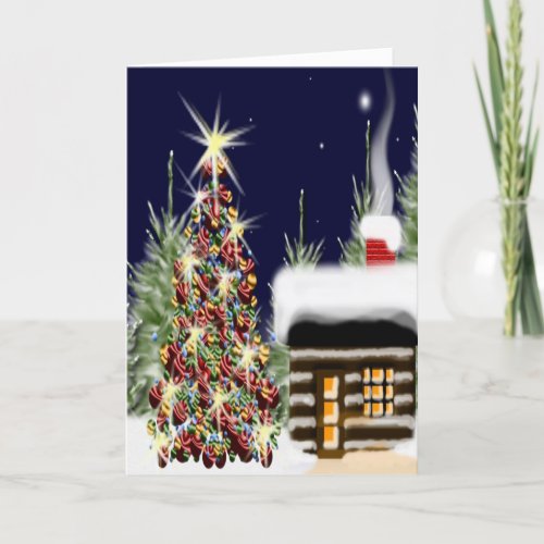 Christmas Tree Cozy Log Cabin Winter Forest Holiday Card