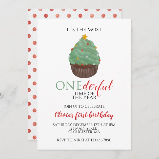 Christmas Tree Cupcake Onederful First Birthday Invitation (Front/Back)