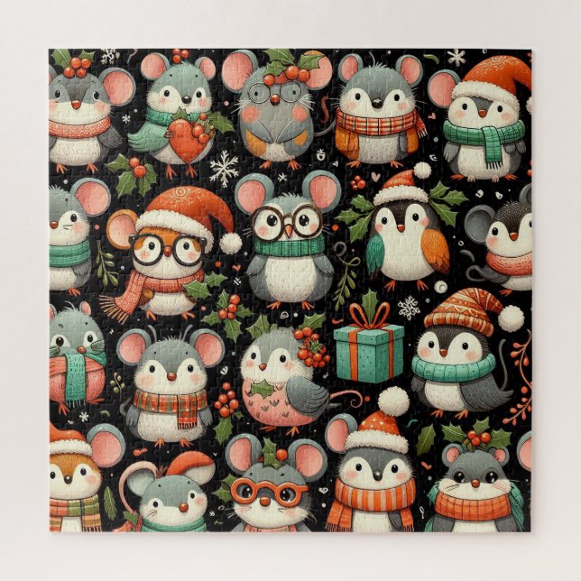 Christmas Tree Cute colorful Mistletoe Mice Jigsaw Puzzle (Vertical)