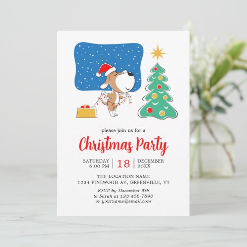 Christmas Tree Cute Puppy Dog Santa Hat Party Invitation