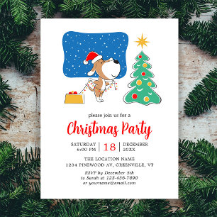 Christmas Tree Cute Puppy Dog Santa Hat Party Invitation Postcard